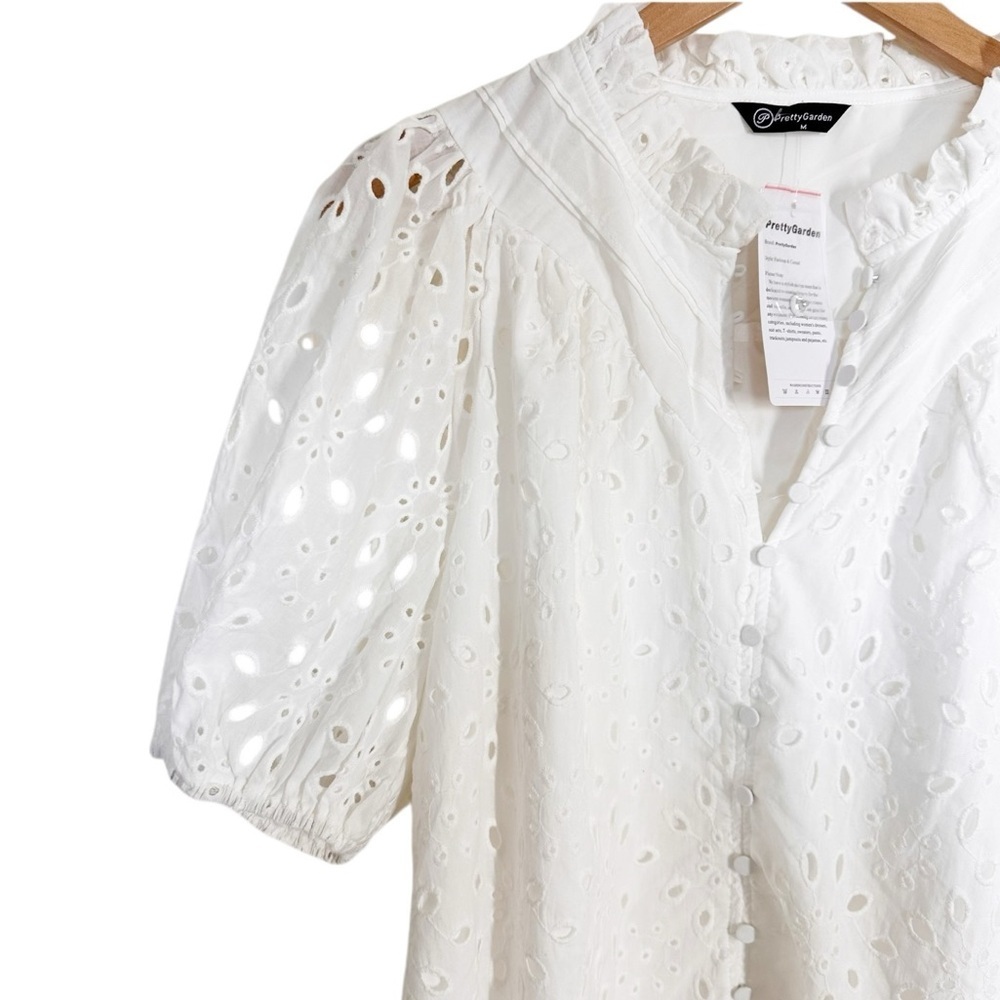 Pretty Garden Eyelet Short Lantern Puffy Sleeve  Blouse White Size Medium - Picture 3 of 7